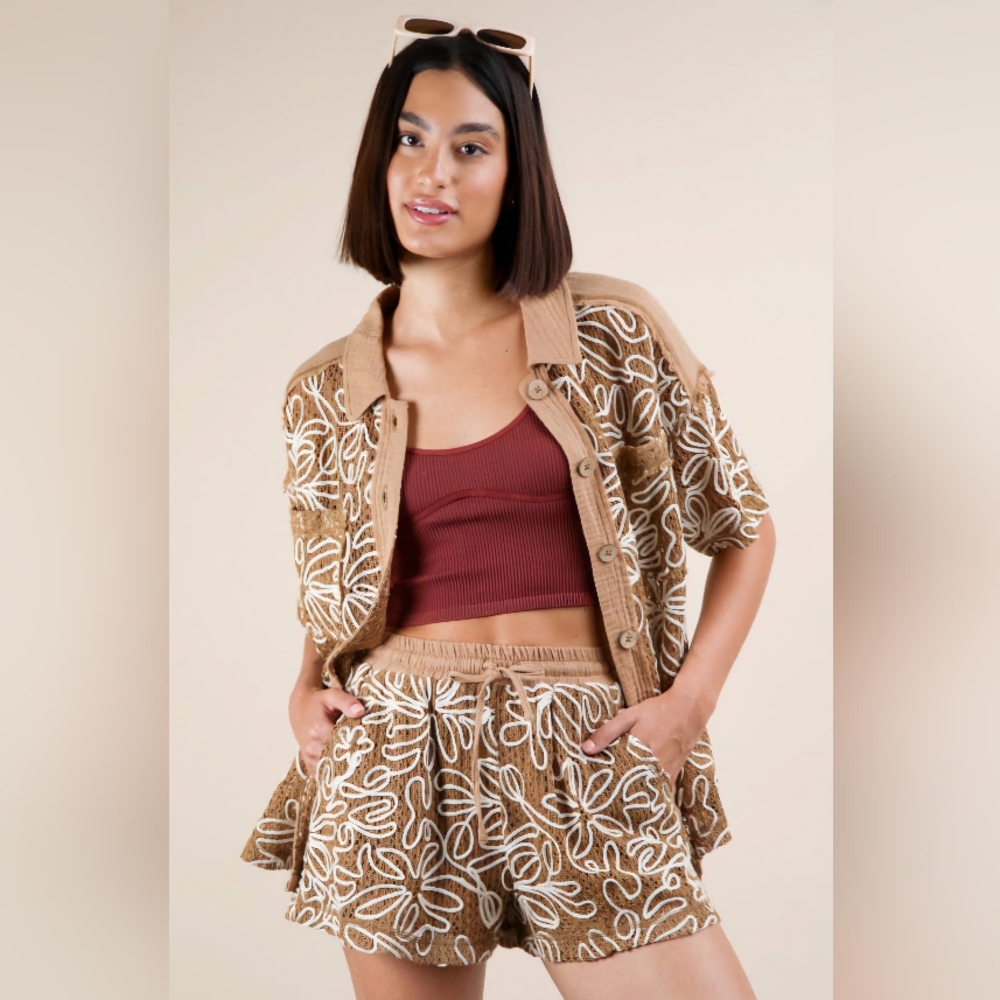 Mocha Printed Casual Shirt Top & Shorts Set